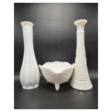 Milk Glass Vases(2), Milk Glass Hobnail Candy Dish