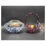 Fenton Ruby Iridescent Basket, Blue Iridescent