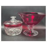 Ruby Red Teardrop Compote, Clear Glass Lidded