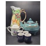 Tea Pot, Victorian Garden, Blue Cups