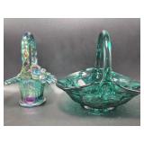Teal Green Glass Basket, Fenton Carnival Glass