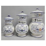 Blue and White Ceramic Flour, Sugar, and Coffee