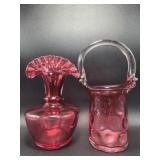 Fenton Cranberry Optic Melon Vase with Ruffled