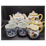 Roses and Rooster Teapot with Sugar and Cream