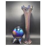 Fine Rib Carnival Glass Vase, Iridescent Glass