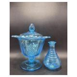 Blue Glass Lidded Candy Dish, Blue Glass Bud Vase