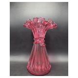 Fenton Cranberry Ruffled Top Swirl Vase