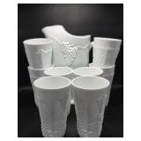 Milk Glass Grape Vine Pitcher and Glasses(8)