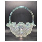 Fenton Blue Iridescent Hobnail Ruffled Edge Basket