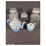 Tea Pot And Creamer, Glass Candy Jars (3)