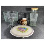 Crystal Compote, Floral Cake Plate, Pottery Cup
