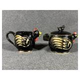 Black Glazed Ceramic Chicken Creamer & Sugar Bowl