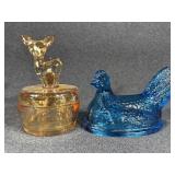 Glass Marigold Fawn Powder Jar, Blue Glass Hen Top