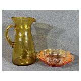 Amberina Candy Dish, Amber Glass Pitcher