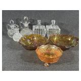 Marigold Carnival Glass Bowls & Candy Dish, Cruets
