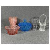 Blue Glass Bowl,Pink Pressed Glass Bowl & Vase