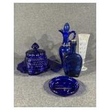 Cobalt Blue Covered Butter Dish, Bottle & Pitcher