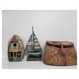 Creel Fishing Basket, Metal Boat Figurine