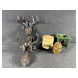 Rustic Stag Head Wall Sculpture, Pine Cone Candles