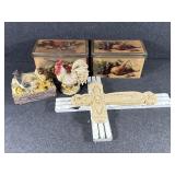 Ornamental Cross Wall Hanging, Roosters & Tins