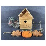 Wooden Birdhouse,Pumpkin & Leaves,String Lights