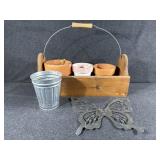 Black Decorative Butterfly,Wooden Caddy W/ 4 Pots