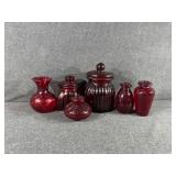 Red Ribbed Glass Storage Canisters, Red Bud Vases