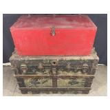Antique Steamer Trunk, Red Wooden Storage Trunk