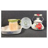 Enamel Teapot, Anchor Hocking & Corning Ware Bowls