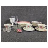 Pink Rose Dessert Plates(8), Glass Champagne