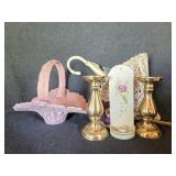 Pink Metal Basket, Brass Style Candlestick