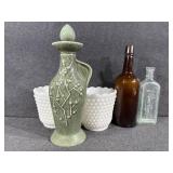 Hobnail Milk Glass Planters(2) Glass Bottles.