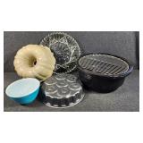 Rival Crock W/Rack, Pyrex Bowl,Glass Platter, Pans