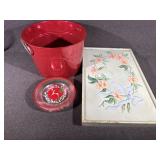 Wood Tray, Red Metal Bucket,Holiday Plates (6)