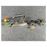 Cast Iron Sad Iron, Cast Iron Flower Candle Holder