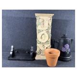 Painted Coffee Pot, Black Shelf,Pedestal Stand