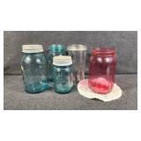 Aqua Blue Ball Jars(3) Clear(1), Pink Glass Jar1QT