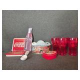 Red Plastic Coca Cola Glasses(5), Tin Coca Cola
