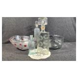 Glass Decanters(2), Glass Bowls(2),Aqua Glass