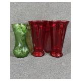 Ruby Red Ribbed Vases(2),Green Ribbed Swirl Vase