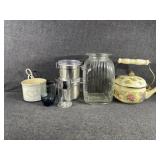 Vitroceramic Teapot, Metal Canisters W/Bail Lid