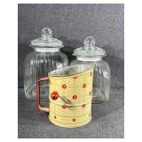 Clear Glass Ribbed Canisters(2), Flour Sifter