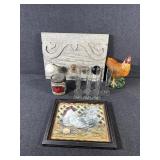 Slender Glasses,Ceramic Chicken, Rustic Panel