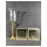 Glass Blocks (2), Gold Tone Candlestick W/Shade