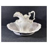 Ceramic Wash Basin and Pitcher White & Gold