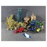 Faux Fruit, Vase,Lucite Grape Clusters,Butterfly