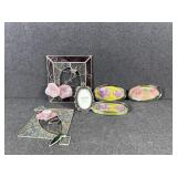 Oval Glass Floral Paperweights, Stained Glass Deco
