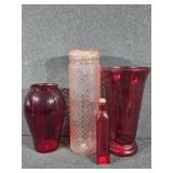 Roman Column Flower Vase, Red Glass Vial with