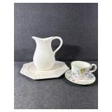 Floral Cup & Saucer,White Platter,White Pitcher.