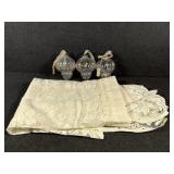 Iridescent Glass Ornament(3), Lace Tablecloth